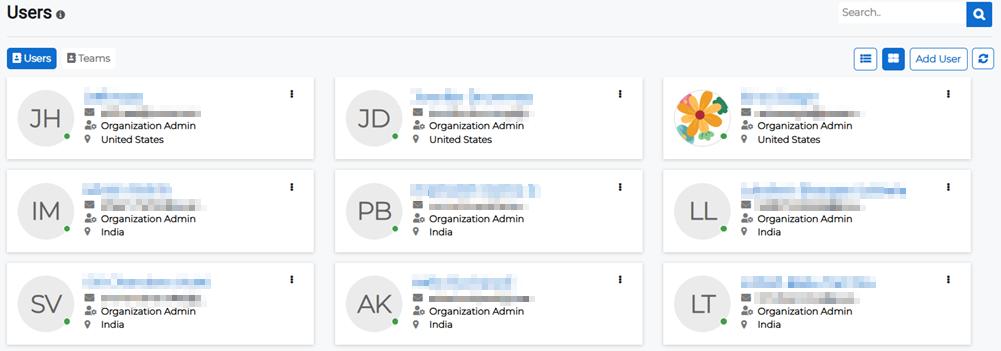 Users page showing grid view of users.
