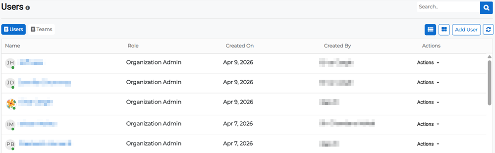 Users page showing list view of users.