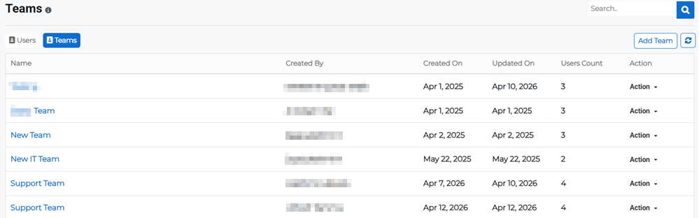 Teams page showing list of teams.