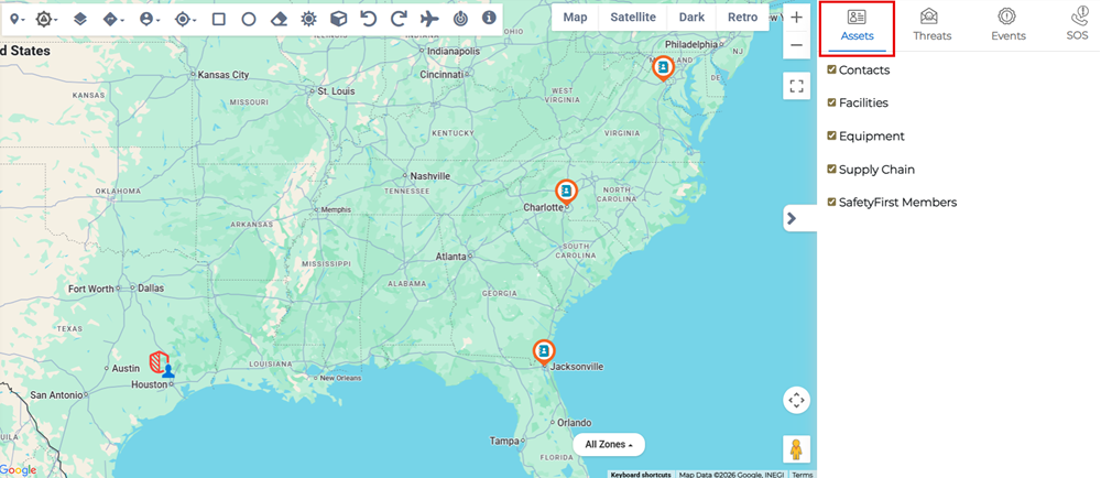 Assets tab in the map filter panel showing asset type options.