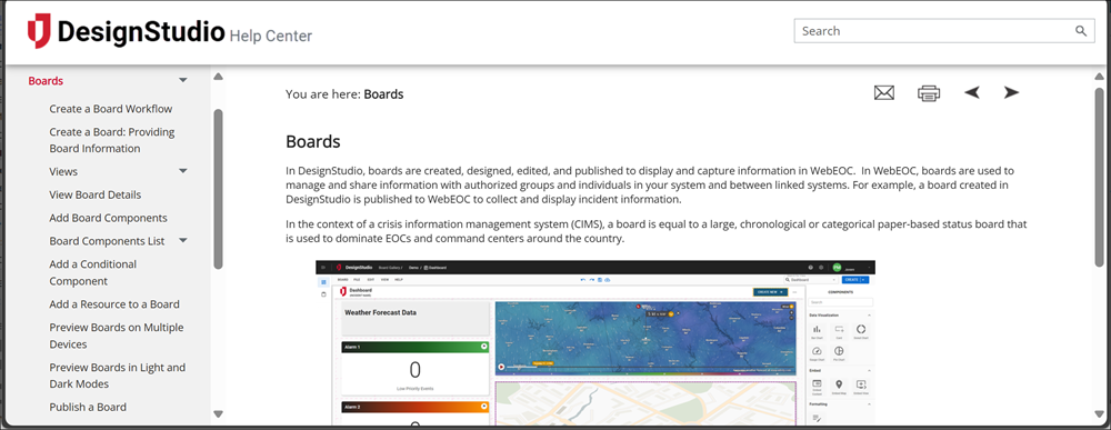 Click image to enlarge Sample help page with icons for feedback, print and navigation