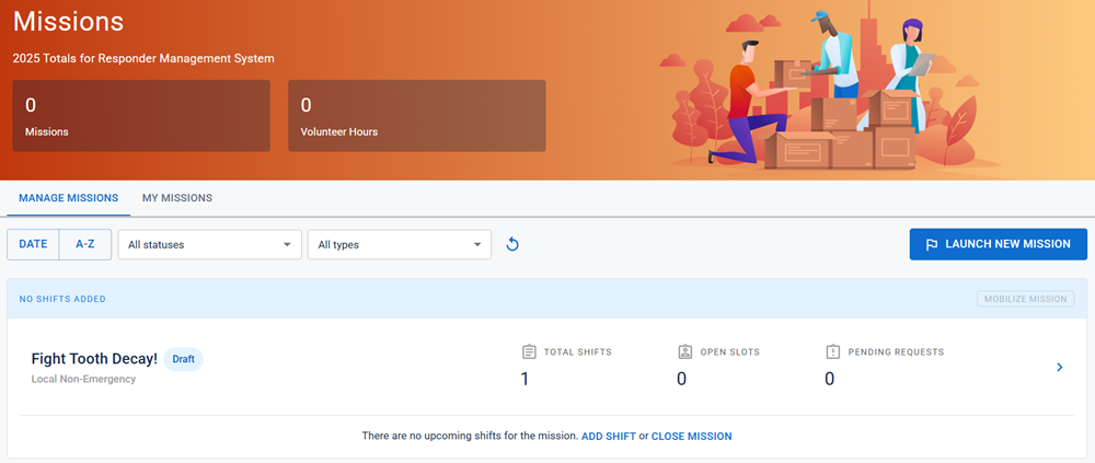 Missions page with the Manage Missions tab active.