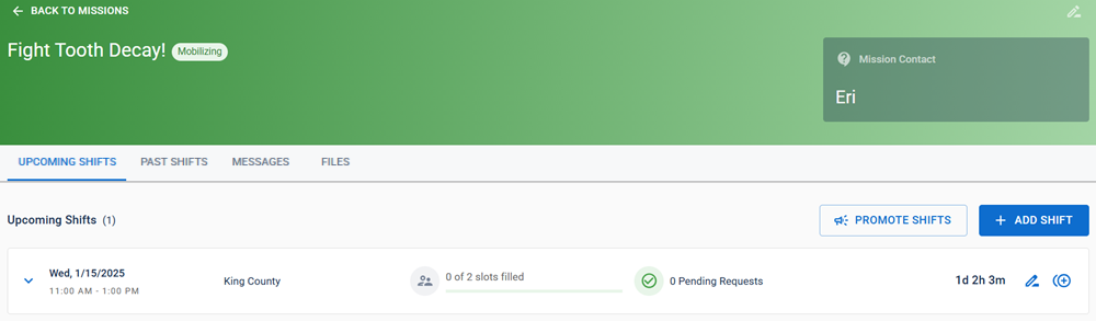The Mission Details page, showing the Upcoming Shifts, Past Shifts, and Messages tabs.
