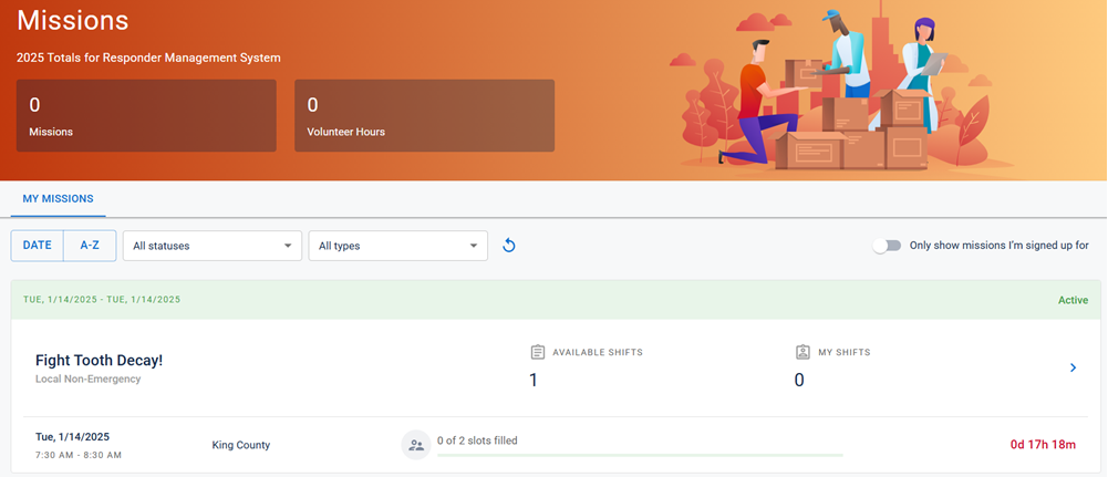 Missions page with the My Missions tab active.