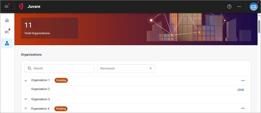 The Organizations page showing status badges.