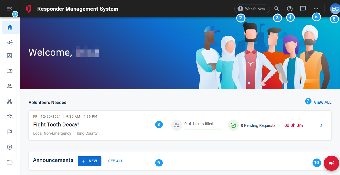 The RMS home screen with numbered tags for UI elements.