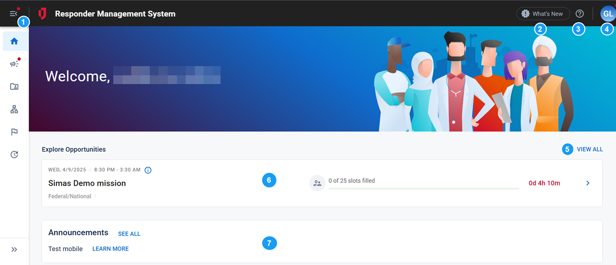 The RMS home screen with numbered tags for UI elements.