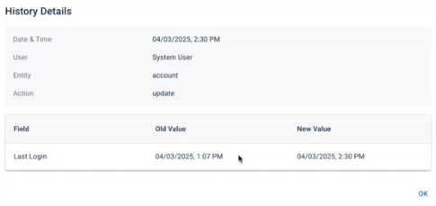 The History Details dialog showing sample account logins.