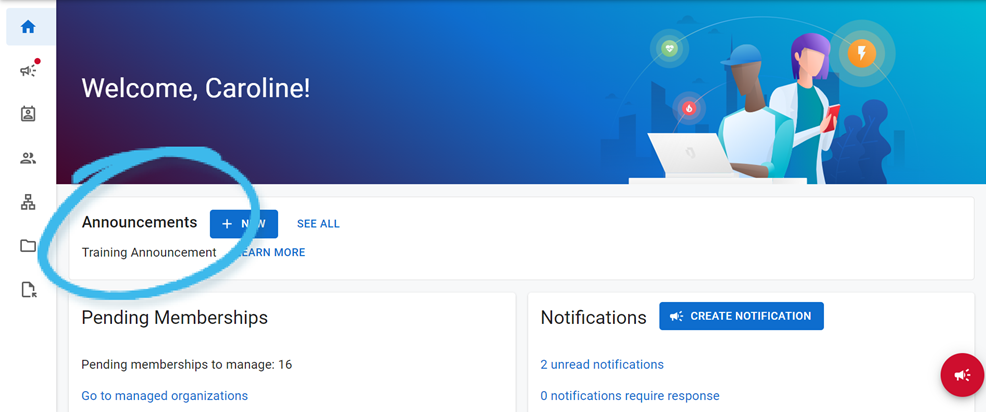 The RMS home page with a callout around the Announcements pane.