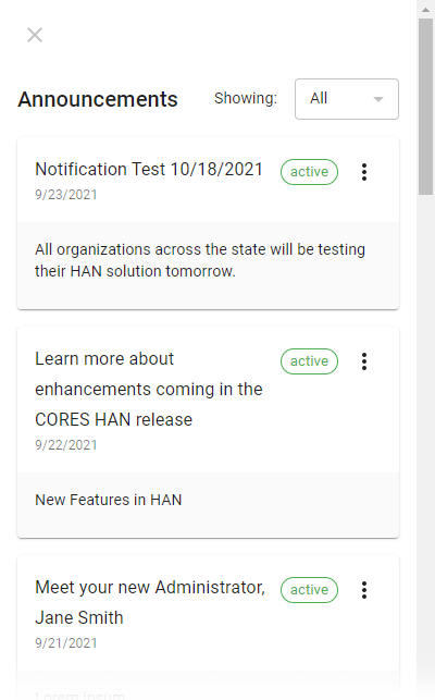 The Announcements panel showing all the active announcements.