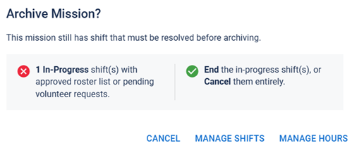 Archive Mission dialog showing errors that must be resolved.