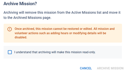 Archive Mission dialog, requesting confirmation.