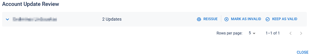Account Update Review dialog, showing the available badge management options.