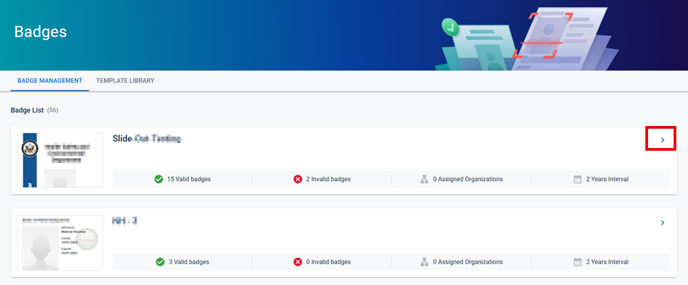 Badges page with the Badge Management tab active highlighting the arrow icon.