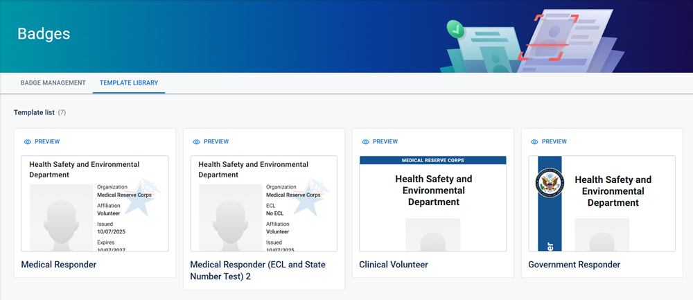 The Badges page with the Template Library tab active.