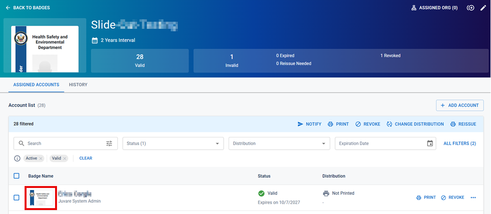 Badge page with the Assigned Accounts preview image active.