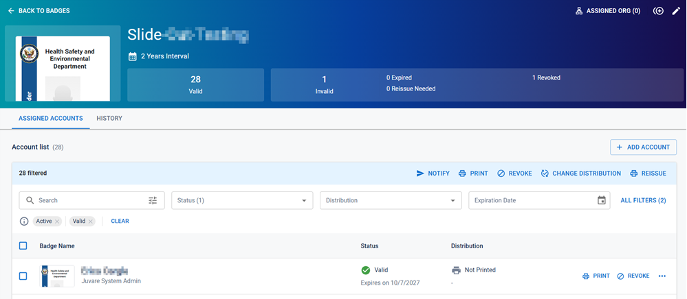 Badge page with the Assigned Accounts tab active.