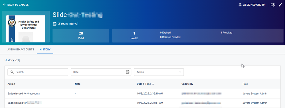 Badge page with the History tab active.