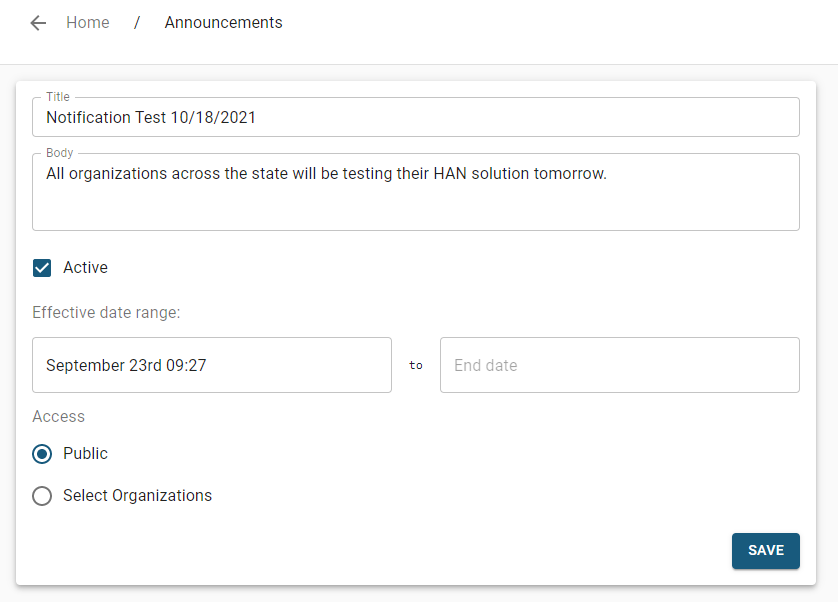 The Announcements page showing edited field text and options.