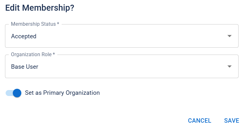 The Edit Membership dialog with the Set as Primary Organization toggle enabled.