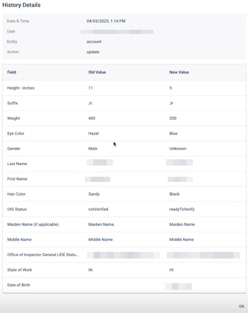 Click to enlarge. The History Details dialog, showing sample account changes.