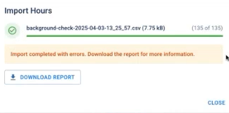 Import Hours dialog showing import progress bar.