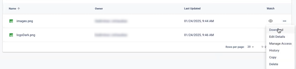 The Mission File Library list, showing the more option menu of management tasks.