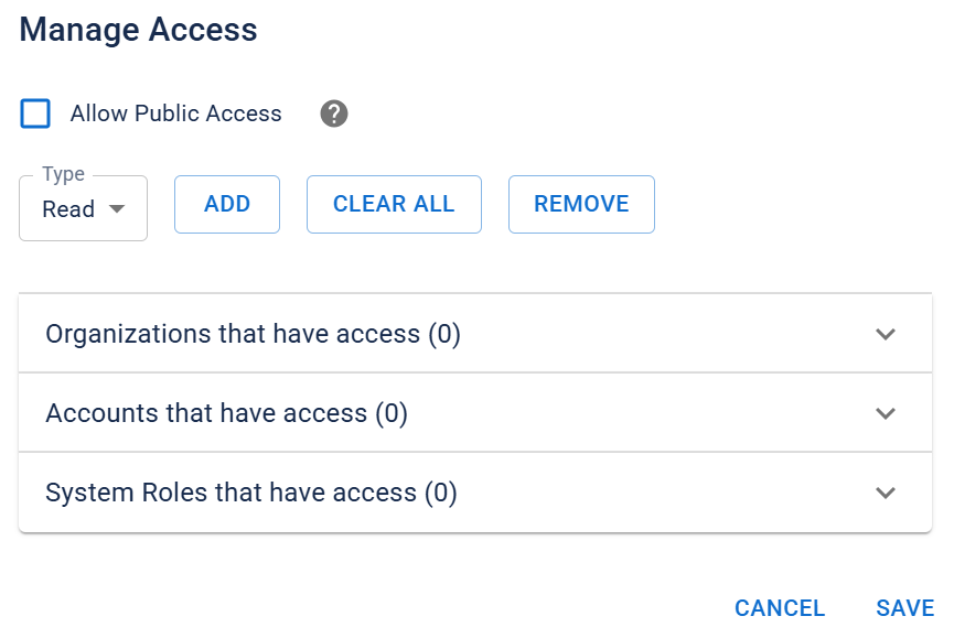 The Manage Access dialog showing the available access permission options.