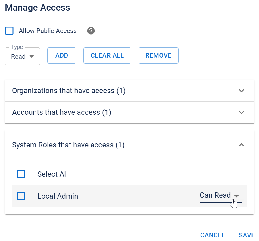 The Manage Access dialog showing the access menu for specific accounts.
