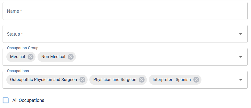 The Mission Position selections with multiple occupations selected.