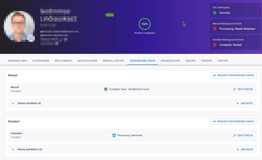 Profile page displaying multiple background check boxes and status in the profile banner.