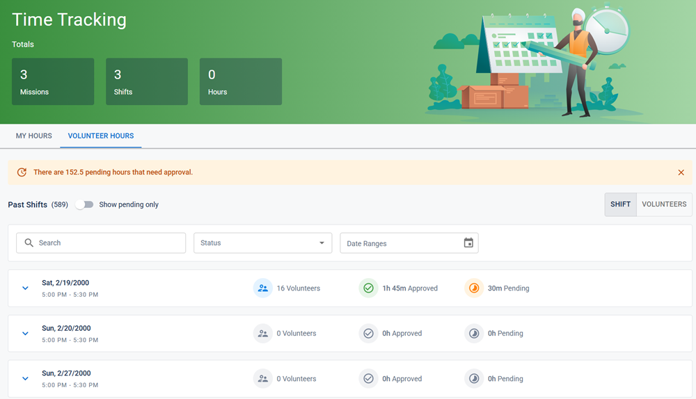 The Time Tracking page (shift view) with the Volunteer Hours tab active.