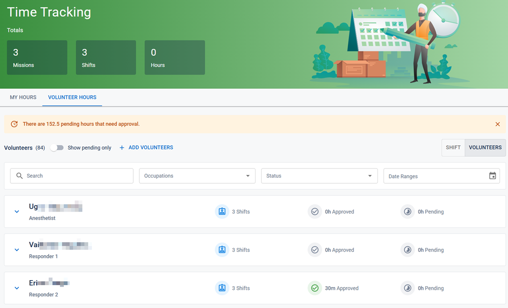 The Time Tracking page (Volunteers view) with the Volunteer Hours tab active.