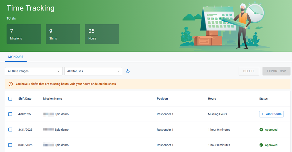The Time Tracking page with the Volunteer Hours tab active.