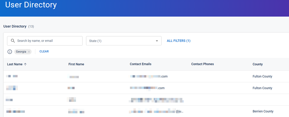 Click to enlarge image. The User Directory page, showing sample data in a table.