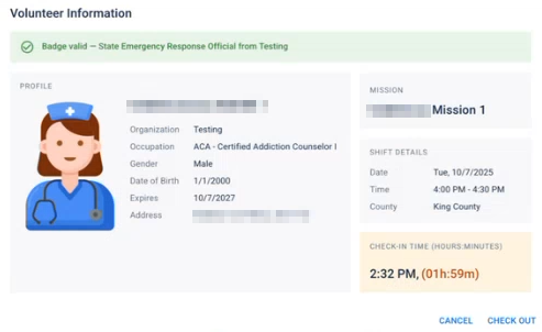 Volunteer Information dialog showing sample volunteer data.