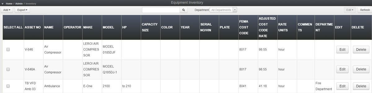 Equipment Inventory Module, showing a list of equipment and their details.