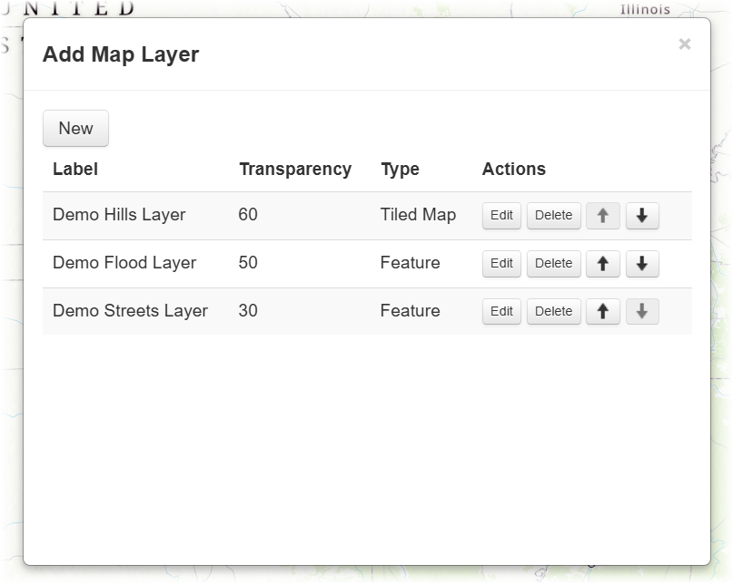 A table with information about map layers and buttons to edit, delete, and reorder layers