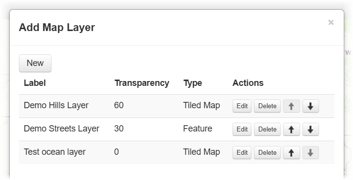 The Add Map Layer window with a table of example map layers