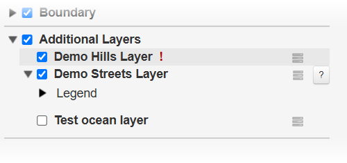Additional layers in the left pane with the error icon displayed next to a layer
