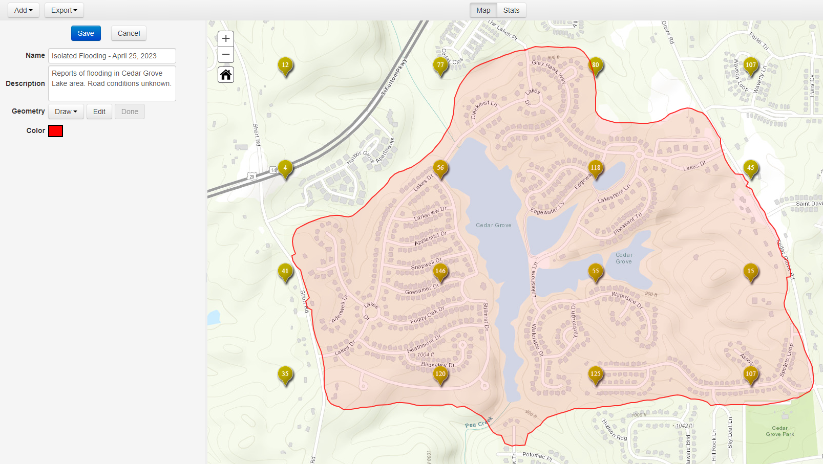 A map with a red shape drawn around a group of structures