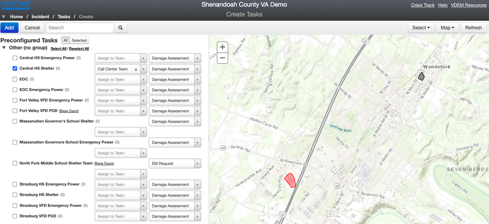 Preconfigured Task fields, alongside the map view.