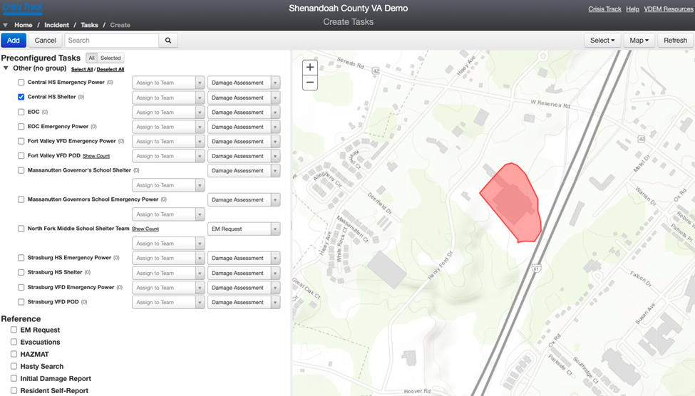 Preconfigured Task fields, alongside the map view, with a selected task structure highlighted on the map.