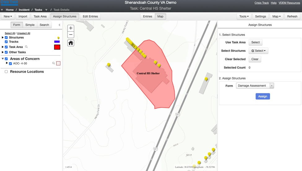 Preconfigured Task Module (Map view), showing selected task areas and structures, highlighted on the map.