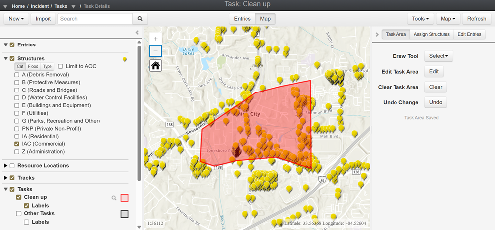 Task Module (Map view) with Assign Structures menu open.