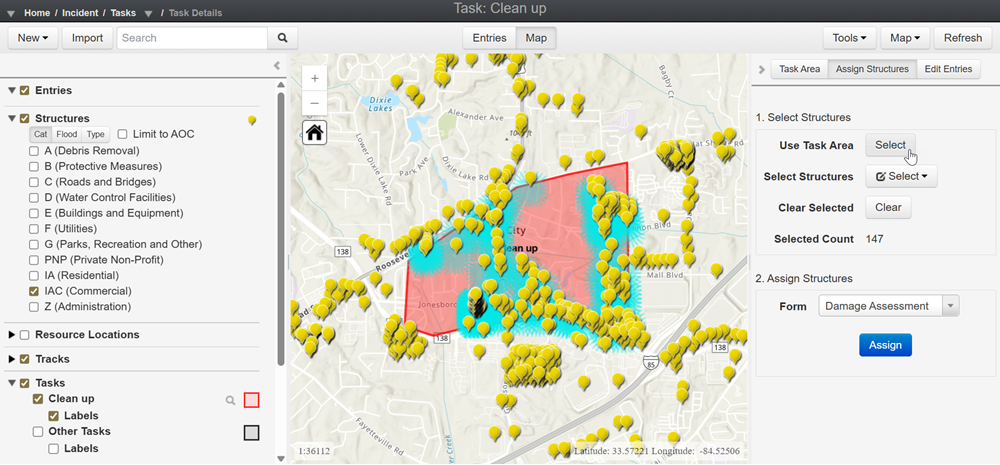 Tasks Module (Map view) with Assigned Structures shown in the map.