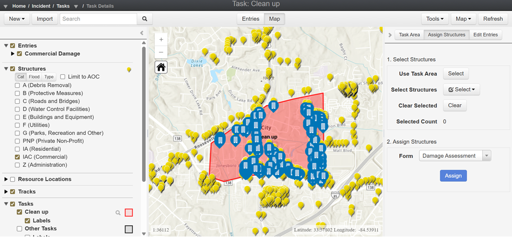 Tasks Module (map view) with assigned structures selected in the map.