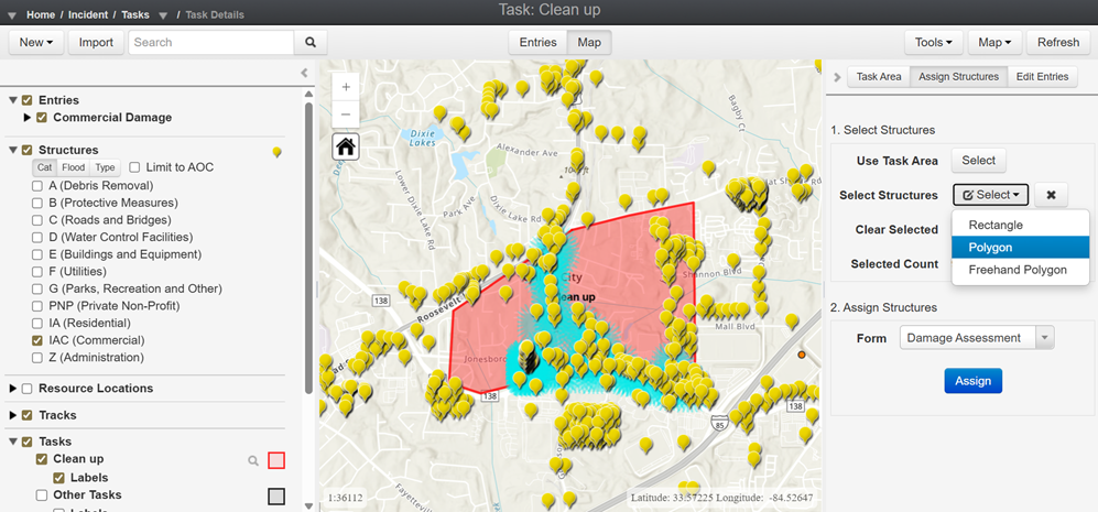Tasks Module (map view) with the Select Structures field showing the Polygon option.