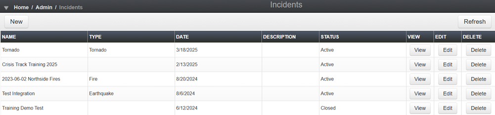The Incidents module, incident list.