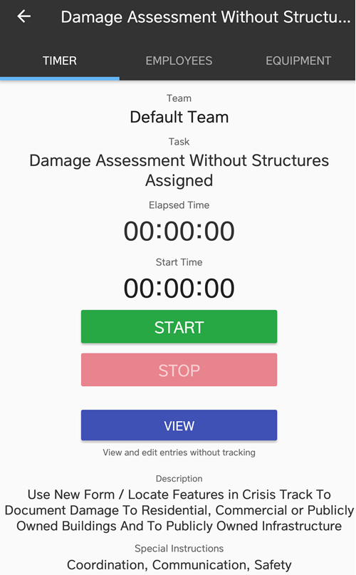 Crisis Track Mobile App: Damage Assessment Timer